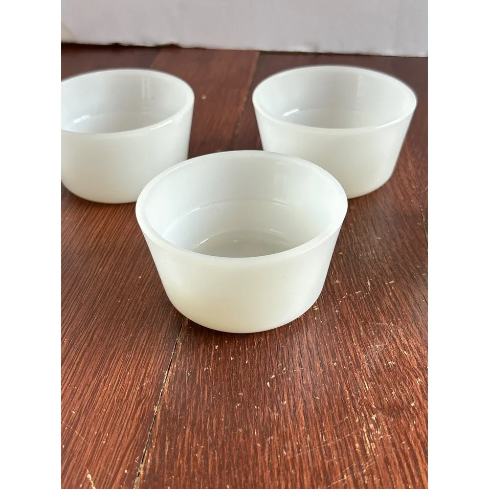 Vintage Glasbake Milk Glass Custard Cups Ramekins Set 4 White Ovenware 2in Tall